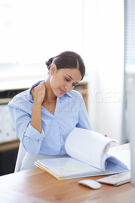 Buy stock photo Document, stress and businesswoman in office, neck pain and paperwork or planning report and project. Female, financial advisor and files while reading, distress and concerned for work deadline
