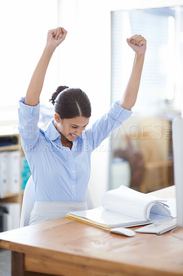 Buy stock photo Happy, business woman and fist pump with documents for winning, achievement or good news at office. Excited female person or employee with smile and paperwork in satisfaction for success or promotion