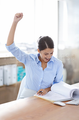 Buy stock photo Excited, business woman and fist pump with documents for winning, achievement or good news at office. Happy female person or employee with smile and paperwork in satisfaction for success or promotion