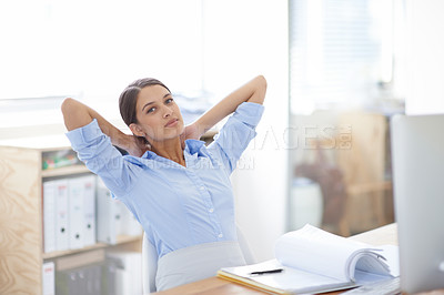 Buy stock photo Business woman, relax and desk at office with documents on break for accounting or finance. Portrait of female person, accountant or employee in rest, finish or done with paperwork at the workplace
