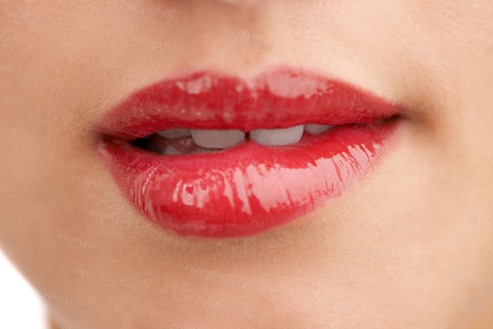 Buy stock photo Person, red lipstick and closeup of mouth with makeup for cosmetics, gloss or glow in treatment. Colorful lips of woman or model with bite in satisfaction for mouth, oral or beauty in cosmetology