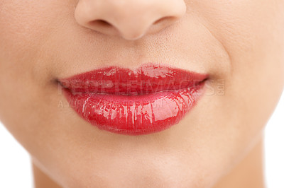 Buy stock photo Person, red lipstick and closeup of smile with makeup in cosmetics, gloss or glow in treatment. Colorful lips of woman or model in satisfaction for mouth, oral or beauty in cosmetology or dermatology
