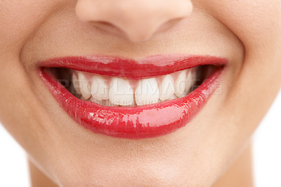 Buy stock photo Happy person, red lipstick and closeup of teeth with makeup in cosmetics, gloss or dental treatment. Color lips of woman or model with smile for tooth whitening, mouth or oral beauty in cosmetology