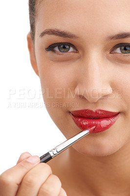 Buy stock photo Happy woman, portrait and red lipstick with makeup for glow, beauty or facial cosmetics on a white studio background. Face or closeup of female person or model applying color or gloss for cosmetology