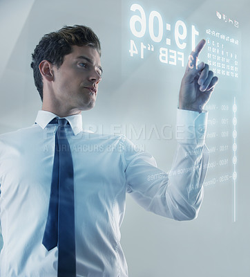 Buy stock photo Digital, calendar and interface with businessman user in studio on gray background for planning or schedule. Date, future or touchscreen tech and serious young employee with metaverse automation 