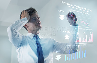 Buy stock photo Business man, thinking and stock market on holographic interface with headache, stress or financial crisis. Entrepreneur, businessman or worry with 3d hologram graph, finance and investment problem