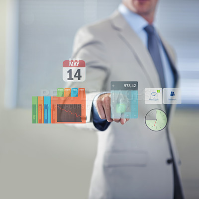 Buy stock photo Future, touch or hand of businessman with hologram or overlay for technology for growth statistics. 3d, financial or entrepreneur with touchscreen for calculator, database or enterprise information