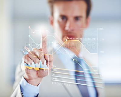 Buy stock photo Charts hologram, hand or businessman in the stock market for finance analysis, trading database or economy. Touchscreen, research or financial trader reading investment statistics, profit analytics
