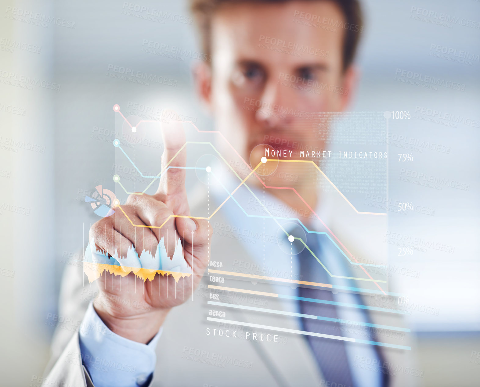 Buy stock photo Charts hologram, hand or businessman in the stock market for finance analysis, trading database or economy. Touchscreen, research or financial trader reading investment statistics, profit analytics