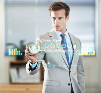 Buy stock photo Financial portfolio, graphic and man planning, investment and innovation at a workplace. Male accountant, employee and worker with holographic charts, budget and hologram graphs of futuristic growth