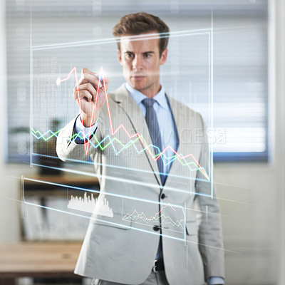 Buy stock photo Corporate, hologram and man with graphs, investment and brainstorming for profit growth, planning and software update. Male person, accountant or employee with ideas, financial worker and holographic