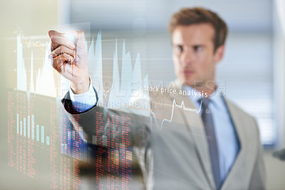 Buy stock photo Hologram, corporate and man with analysis, stock market and investment with graphs, charts and budget. Male person, accountant and investor with development, holographic and trading for profit growth
