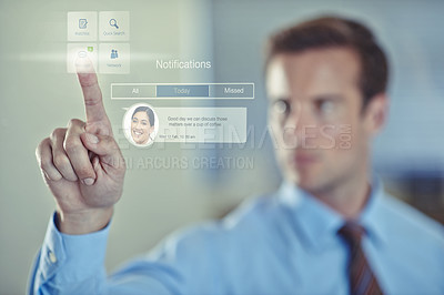 Buy stock photo Businessman, message and notification on digital interface, contact and manage staff in workplace. Corporate person, touch and communication or conversation for employee or worker in hologram