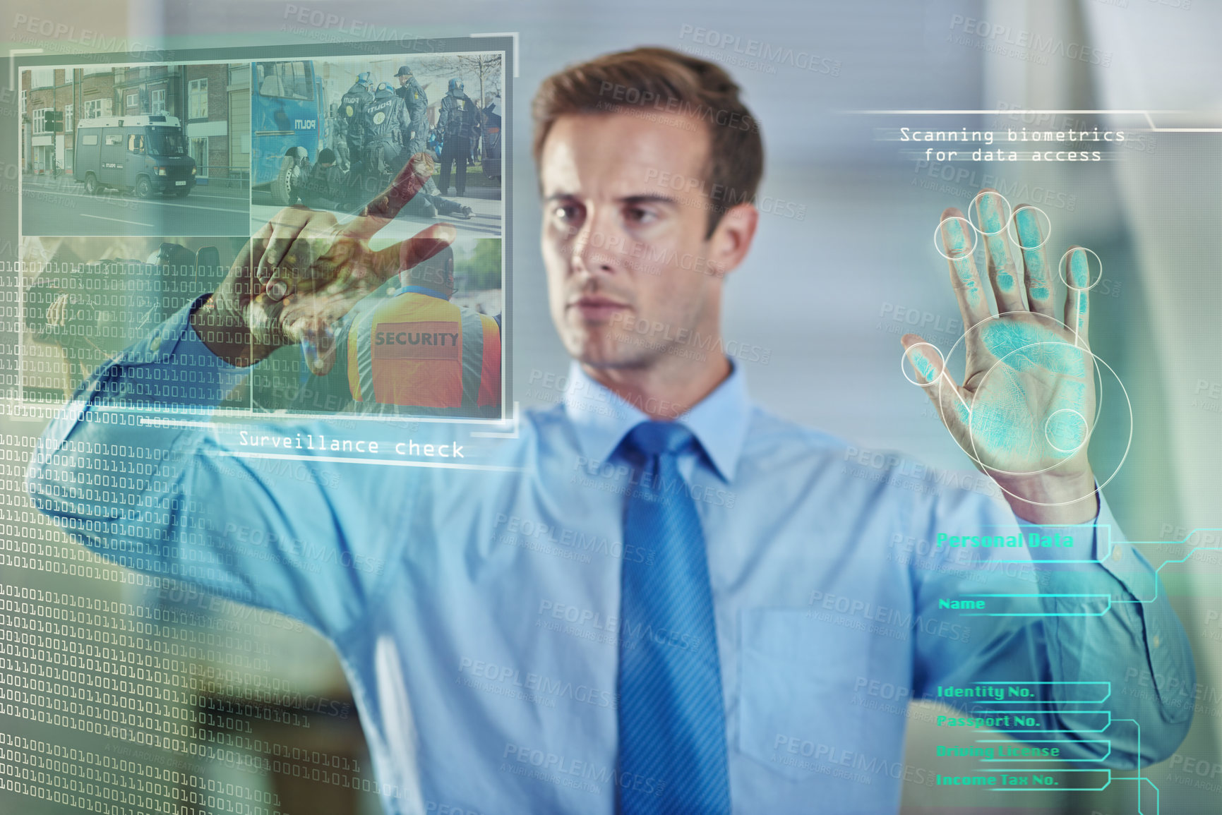 Buy stock photo Hands, surveillance or businessman with biometrics scan, hologram or overlay for safety or security. 3d, police database or manager on touchscreen for futuristic protection or graphic investigation
