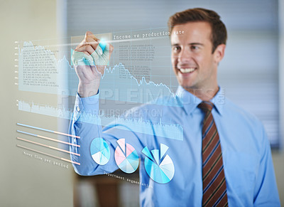 Buy stock photo 3D, holographic and businessman writing on charts for software technology with information. Futuristic, career and professional male finance analyst planning investment statistics with graph display.