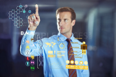 Buy stock photo Businessman, dna and digital interface for health, working and information technology for job. Male person, planning and brainstorming with internet for corporate company, hologram and software