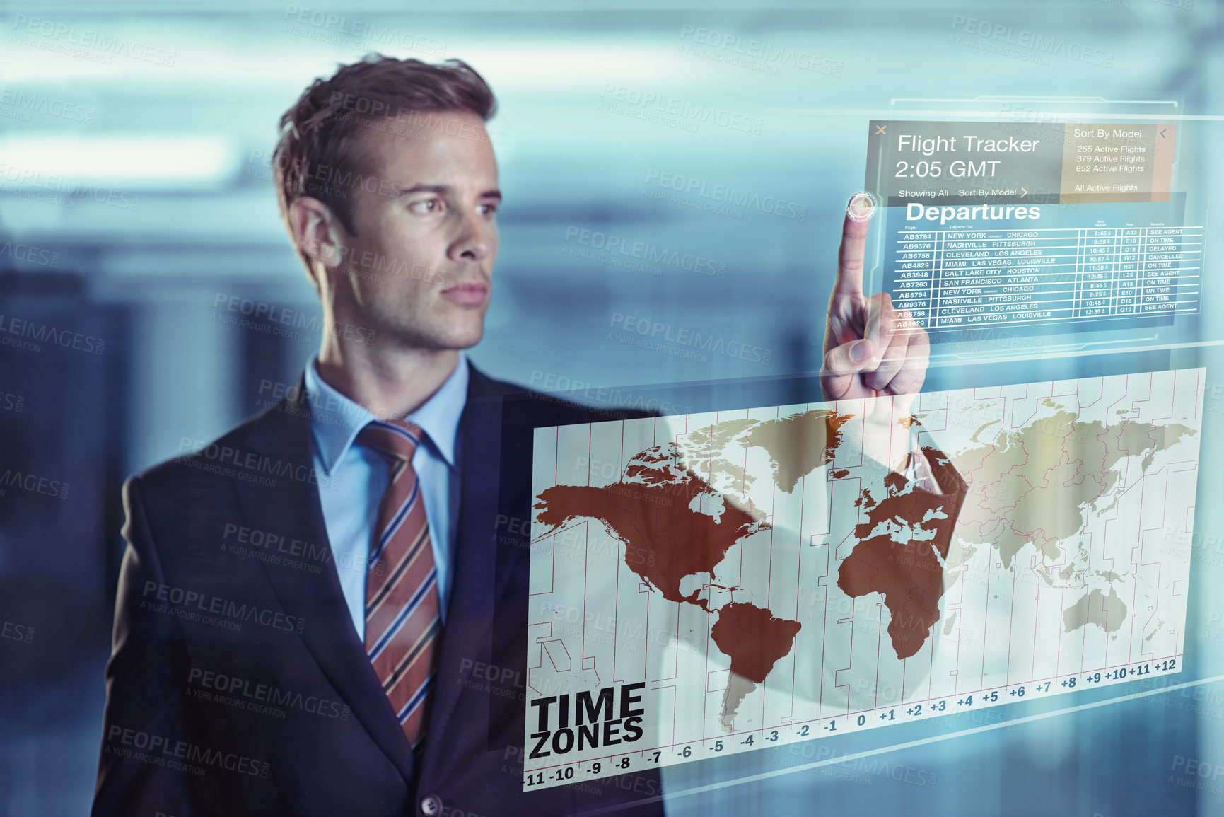 Buy stock photo Businessman, flight and hologram with global display of digital interface or travel and future. Male person, online and software database for departures with user experience or information technology