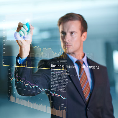 Buy stock photo Dashboard, graph and businessman digital on finance with technology for future of data analyst. Male person, serious and working in company for corporate as employee or staff for solving of database