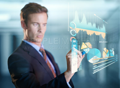 Buy stock photo Charts, future and man with hologram, digital interface and check investment for growth and planning. Male person, accountant and employee with graphs, innovation and planning for futuristic finances