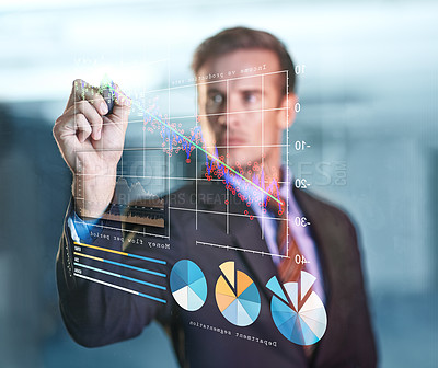 Buy stock photo Dashboard, graph and businessman digital with economy with technology for future of data analyst. Male person, serious and working in company for corporate as employee or staff for problem solving