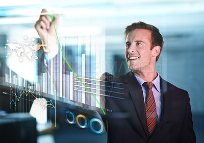 Buy stock photo Hologram, corporate and man planning, futuristic and brainstorming for finances, budget or investment. Male employee, accountant or worker with charts, writing or graphs with ideas or software update