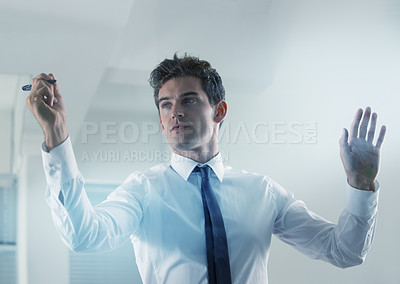 Buy stock photo Business, man and office with marker for transparent board, vision and idea with future plans for company. Male person, corporate and solution for project with thinking, planning and confidence. 