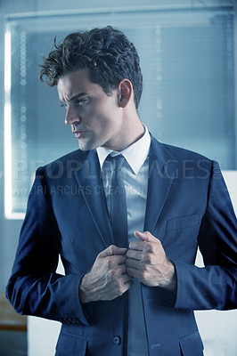 Buy stock photo Corporate, fashion and serious with business man in office for start of professional career. Company, job and work with confident young employee at workplace in suit for internship opportunity