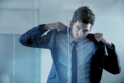 Buy stock photo Morning, getting ready and portrait of a man in a suit for business, work and corporate job. Serious, looking and a businessman with style wearing a classy outfit for a professional executive career