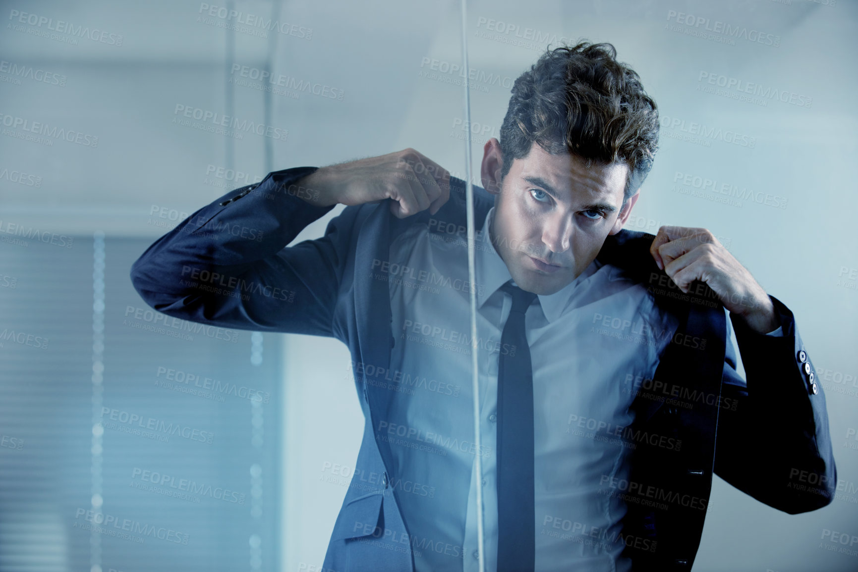 Buy stock photo Morning, getting ready and portrait of a man in a suit for business, work and corporate job. Serious, looking and a businessman with style wearing a classy outfit for a professional executive career