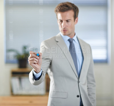Buy stock photo Businessman, working and writing on glass with maker, plan and concentrate in office. Professional, architecture and serious in workplace planning, innovation and brainstorming on transparent screen