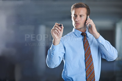 Buy stock photo Businessman, writing and planning on glass with pen for notes of phone call, ideas or strategy for future. Virtual, communication and man problem solving on window, screen and contact with cellphone