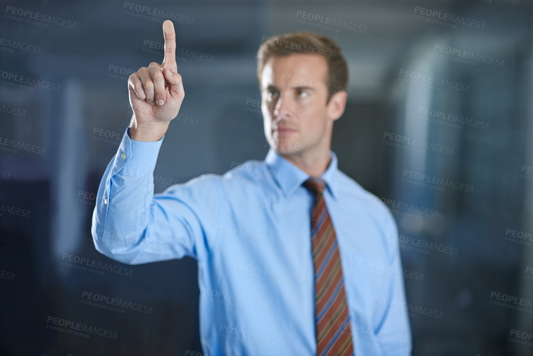 Buy stock photo Business man, finger and digital interface for choice or press button on virtual menu in office. Touch, professional and hand gesture on screen, click and future innovation of tech for consultant