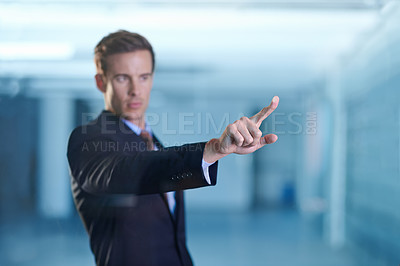 Buy stock photo Business, digital interface or man pointing finger, swipe or virtual reality with focus. Male person, employee or consultant with futuristic planning, interactive system or innovation with biometrics