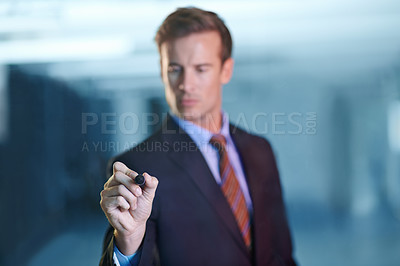 Buy stock photo Businessman, planning and writing on glass with pen in office for ideas or strategy for future. Professional, brainstorming and man problem solving on window or screen at night with marker in hand