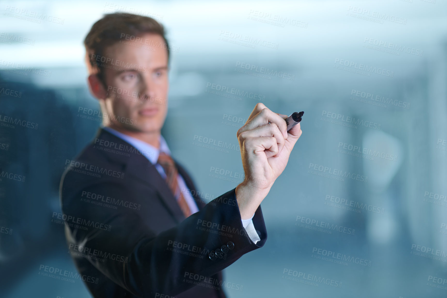 Buy stock photo Businessman, glass wall and writing or brainstorming solution as financial advisor investment, loan or budget. Male person, marker and problem solving in office or planning, development or research