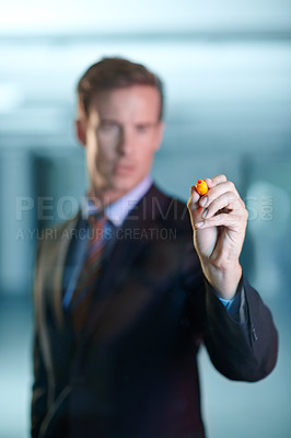Buy stock photo Businessman, glass wall and writing for project brainstorming as wealth manager for finance growth, loan or budget. Male person, marker and problem solving in office or planning, development or idea