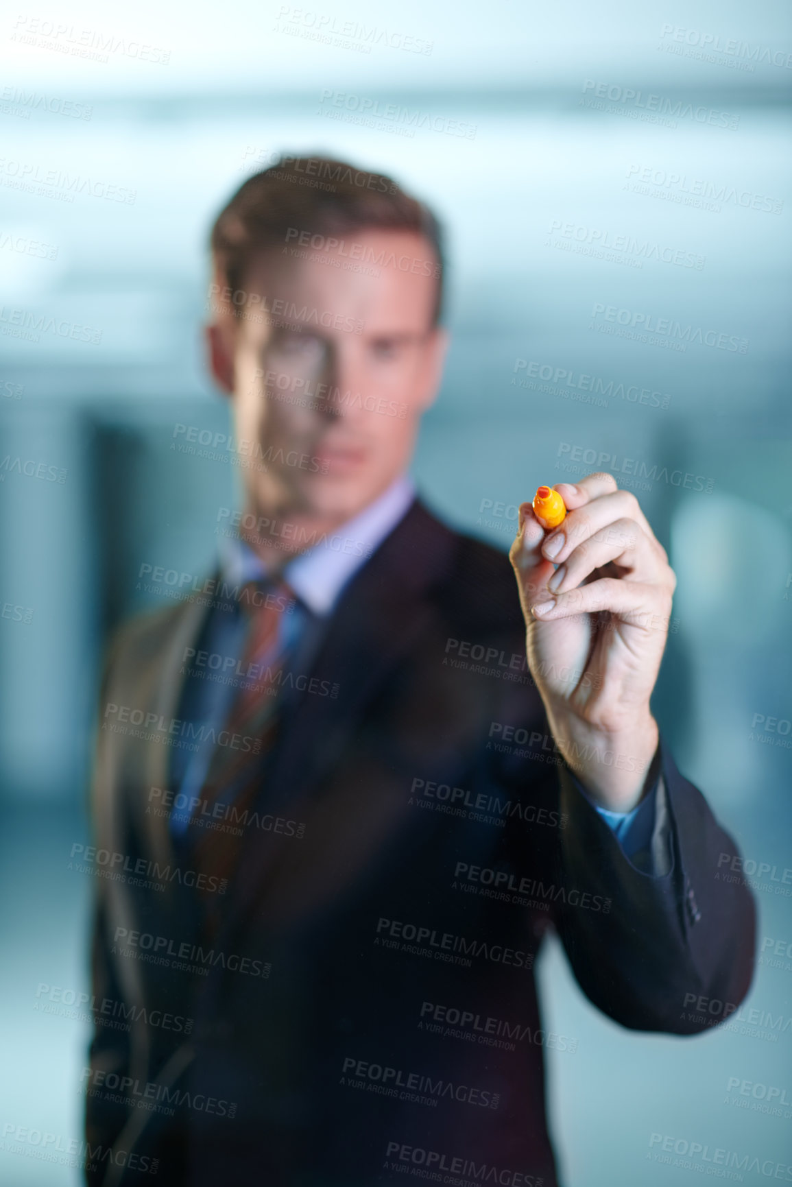 Buy stock photo Businessman, glass wall and writing for project brainstorming as wealth manager for finance growth, loan or budget. Male person, marker and problem solving in office or planning, development or idea
