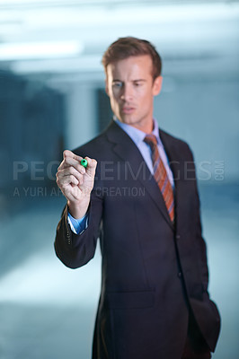 Buy stock photo Businessman, glass wall and writing or brainstorming project as financial advisor investment, loan or budget. Male person, marker and problem solving in office or planning, development or research