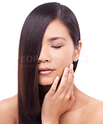 Buy stock photo Asian woman, face and hand with studio, haircare and cosmetic for treatment or care. Japanese model, hair style and beauty with confidence, aesthetic and wellness isolated on white background