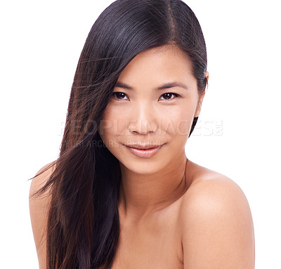 Buy stock photo Asian woman, portrait and studio with soft skin for beauty, smile and cosmetics for skincare or routine. Wellness, closeup and natural or healthy face with dermatology isolated on white background