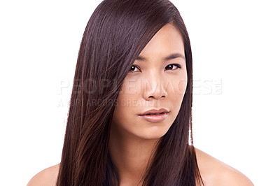 Buy stock photo Woman, portrait and keratin for haircare in studio, beauty and pride in hair treatment for growth. Asian female person, confidence and shampoo for cosmetics on white background, dermatology and care