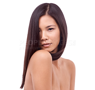 Buy stock photo Woman, portrait and confidence for hairstyle in studio, beauty and pride for keratin treatment. Asian female person, shampoo and cosmetics for healthy hair on white background, dermatology and care