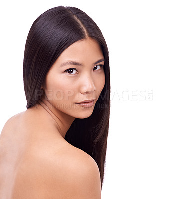 Buy stock photo Woman, portrait and dermatology for haircare in studio, beauty and pride for keratin treatment on mockup space. Asian female person, conditioner and shampoo for cosmetics, white background and care