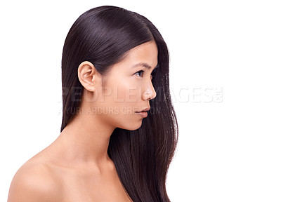 Buy stock photo Cropped shot of a beautiful young oriental woman against a white background
