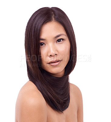 Buy stock photo Woman, portrait and cosmetics for hairstyle in studio, beauty and pride for keratin hair treatment. Asian female person, grooming and shampoo for wellness on white background, dermatology and care