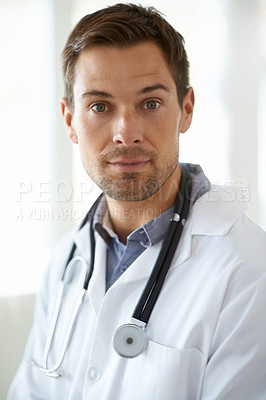 Buy stock photo Portrait, serious man and doctor in clinic for healthcare management, hospital services and help. Face of male employee, medical therapist and surgeon for trust, integrity and professional experience