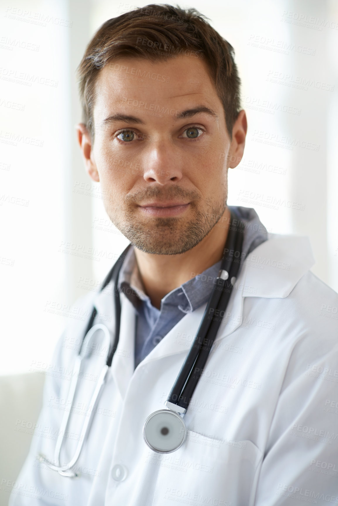 Buy stock photo Portrait, serious man and doctor in clinic for healthcare management, hospital services and help. Face of male employee, medical therapist and surgeon for trust, integrity and professional experience