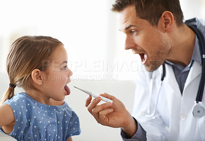 Buy stock photo Child, doctor and thermometer in clinic for medical risk of covid infection, flu and fever. Pediatrician, sick girl kid and testing temperature in mouth for disease, healthcare assessment and virus