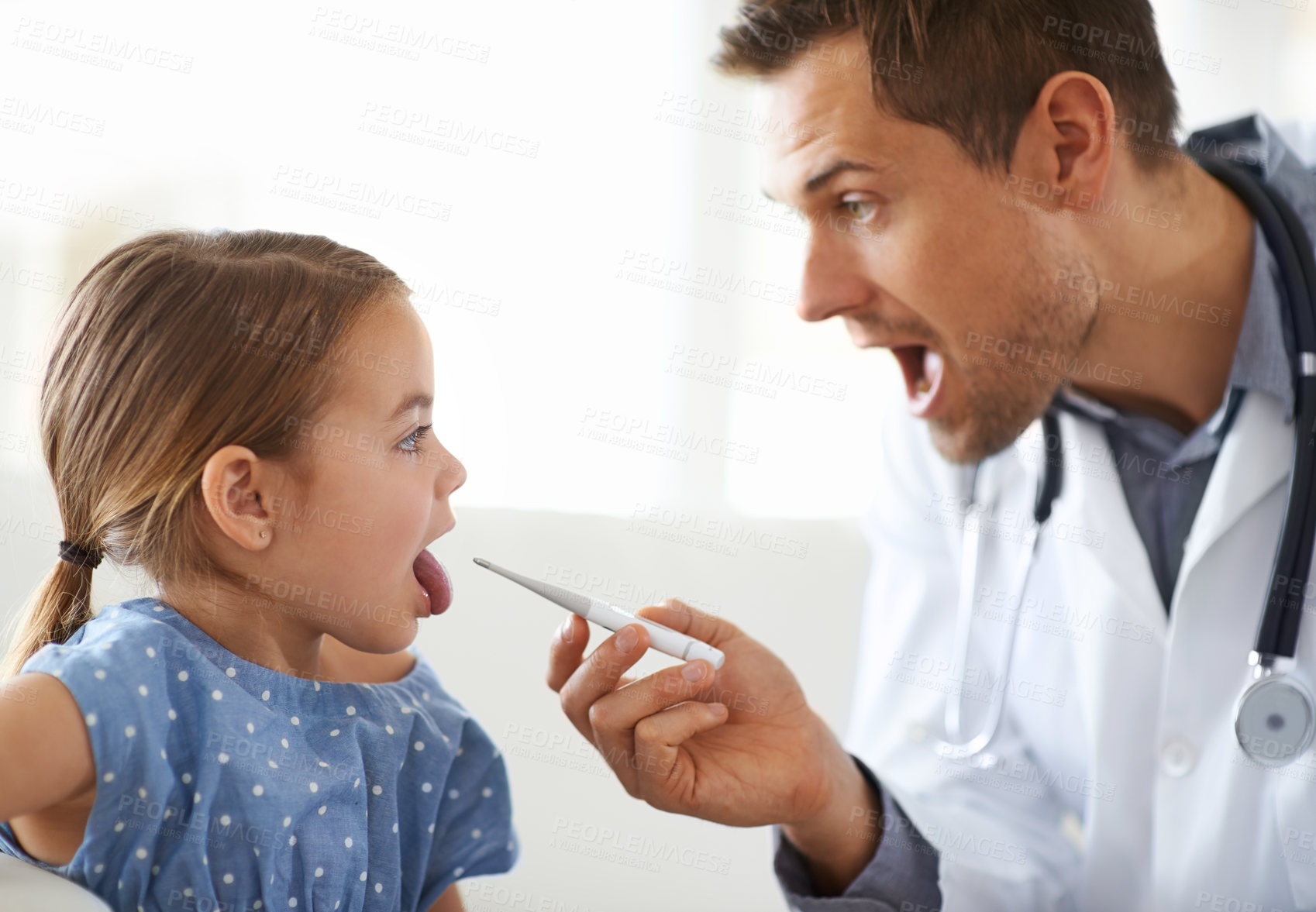 Buy stock photo Child, doctor and thermometer in clinic for medical risk of covid infection, flu and fever. Pediatrician, sick girl kid and testing temperature in mouth for disease, healthcare assessment and virus