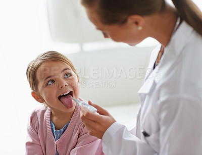 Buy stock photo Kid, doctor and thermometer in mouth for medical risk, assessment and check infection. Pediatrician, happy girl and testing temperature of children for fever, virus or healthcare consulting in clinic